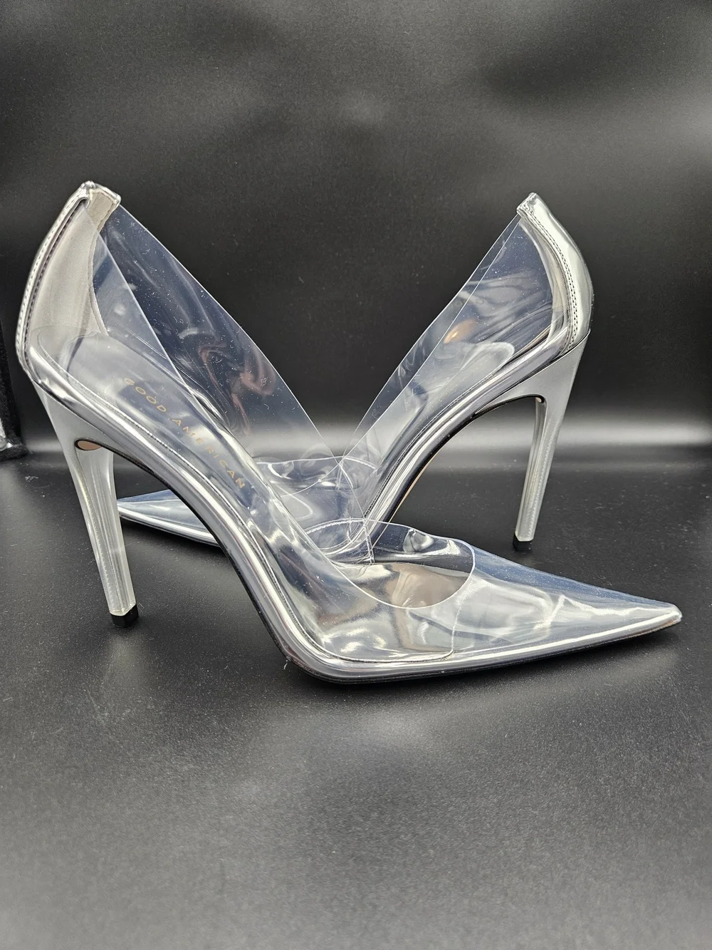 Good American Clear PVC Stiletto Heels Silver Pointed Toe Pumps Size 9.5